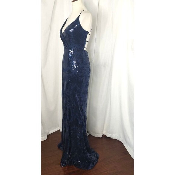 JULES AND CLEO Maxi Dress 8 Formal Gown Navy Sequin Strappy Open Back Prom - Picture 9 of 15